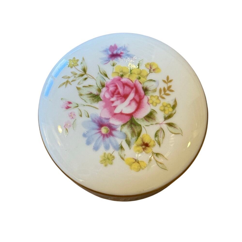 W. Rice Floral Porcelain Trinket Box with Lid Vintage Gold Rim Coquette